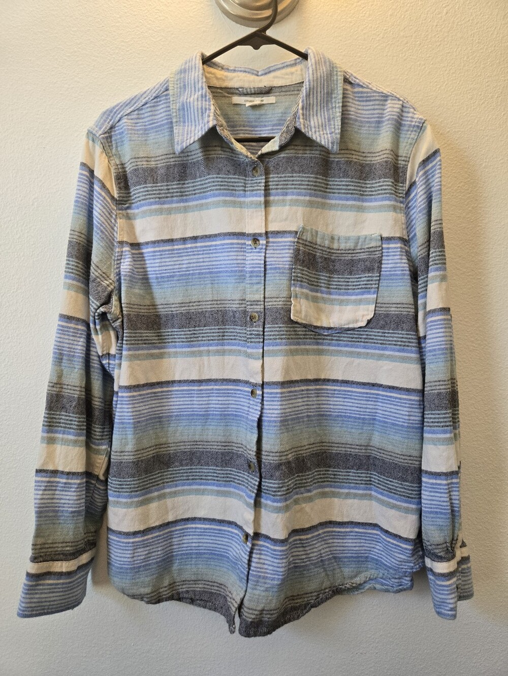 O'Neill Blue, Cream and Gray Striped Button-Up Shirt